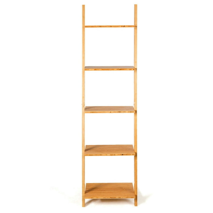 Hommoo Bookshelf,Shelf, Open Bookcase Book Shelf,Storage Shelf Unit Plant Stand,5-Tier Modern Bamboo Wall-Leaning Image 1