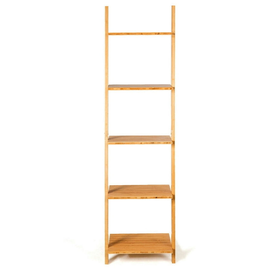 Hommoo Bookshelf,Shelf, Open Bookcase Book Shelf,Storage Shelf Unit Plant Stand,5-Tier Modern Bamboo Wall-Leaning Image 1