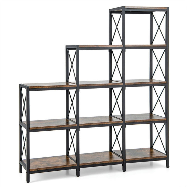 Hommoo Bookshelf,Shelf, Open Bookcase Book Shelf, 9 Cubes Bookcase with Carbon Steel Frame for Home Office-Rustic Brown Image 1