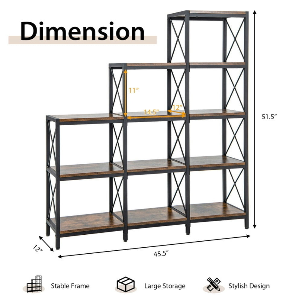 Hommoo Bookshelf,Shelf, Open Bookcase Book Shelf, 9 Cubes Bookcase with Carbon Steel Frame for Home Office-Rustic Brown Image 4