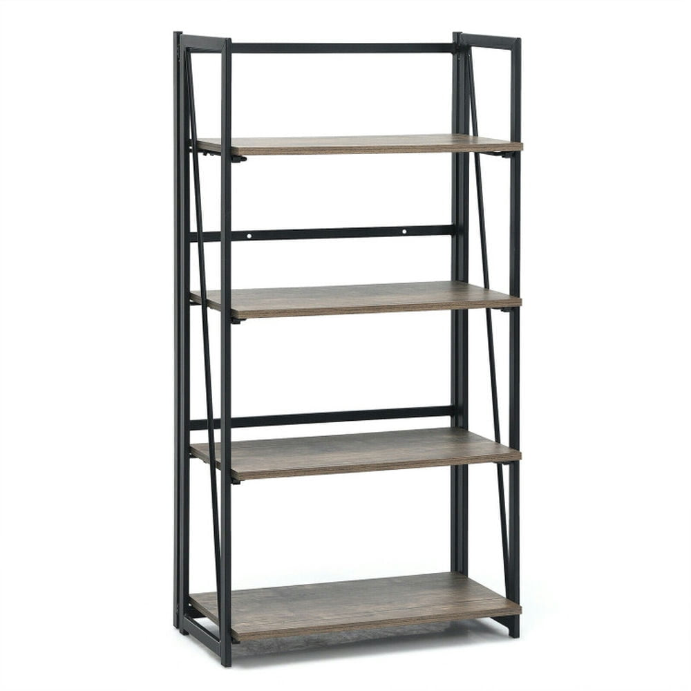 Hommoo Bookshelf,Shelf, Open Bookcase Book Shelf, 4-Tier Folding Bookshelf No-Assembly Industrial Bookcase Display Image 1