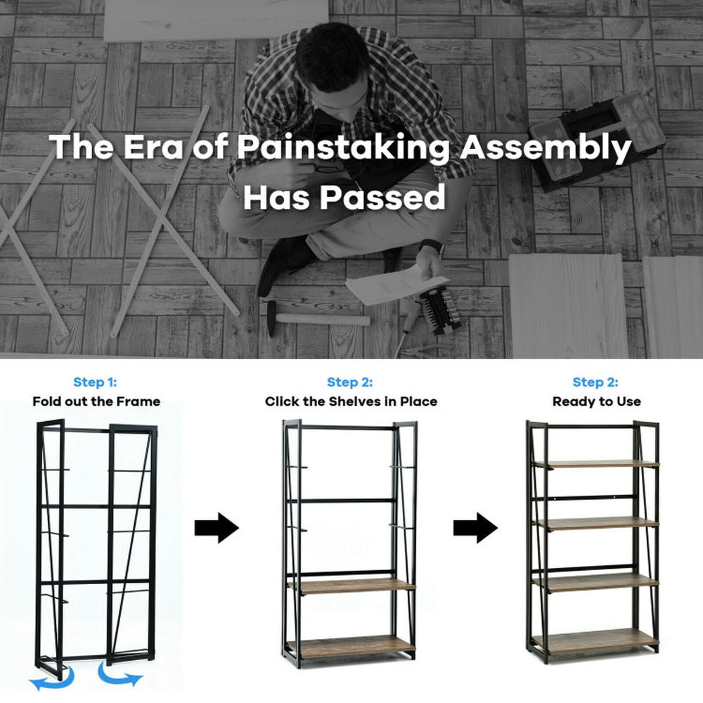 Hommoo Bookshelf,Shelf, Open Bookcase Book Shelf, 4-Tier Folding Bookshelf No-Assembly Industrial Bookcase Display Image 2