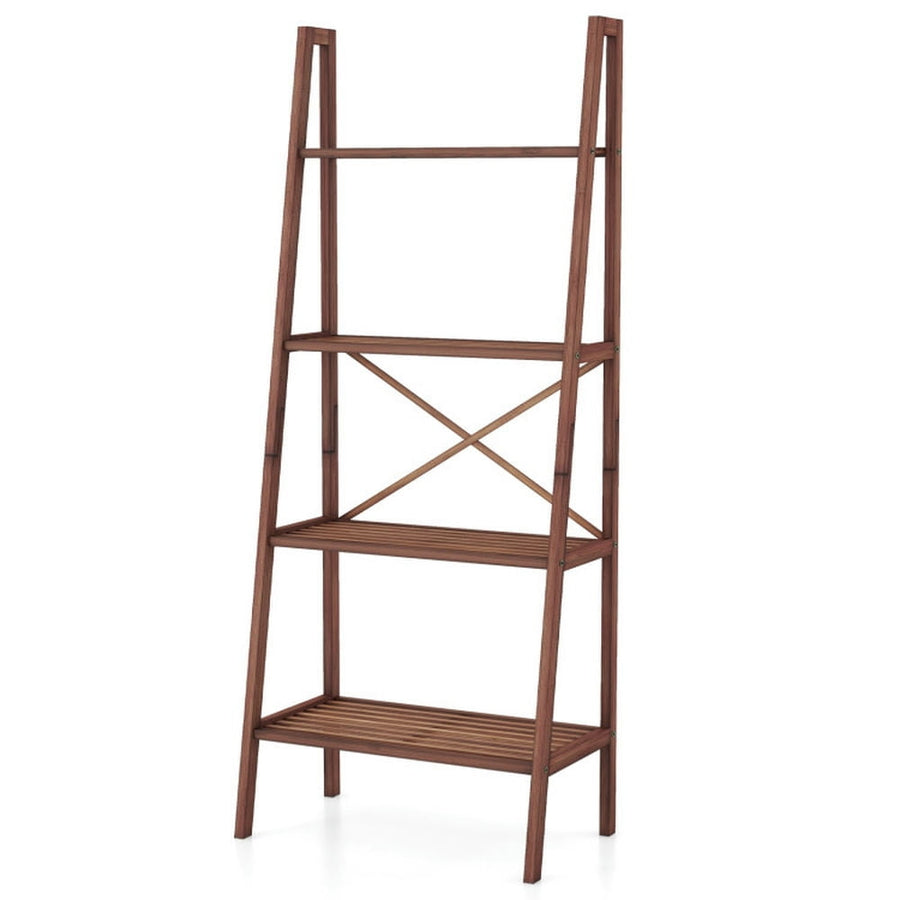 Hommoo Bookshelf, Display Bookshelf, Bookcase,58 Inch 4-Tier Bamboo Ladder Bookshelf-Walnut Image 1