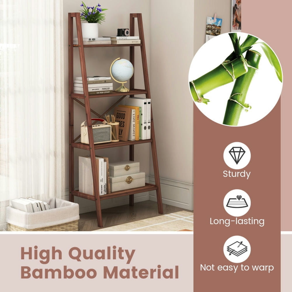 Hommoo Bookshelf, Display Bookshelf, Bookcase,58 Inch 4-Tier Bamboo Ladder Bookshelf-Walnut Image 4