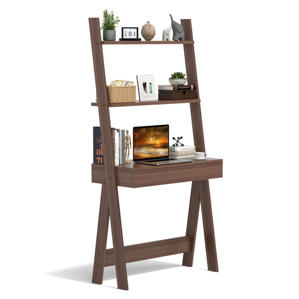 Hommoo Bookshelf,Shelf, Open Bookcase Book Shelf, Ladder Shelf Desk Bookcase with Countertop Drawer and 2 Shelves-Walnut Image 2