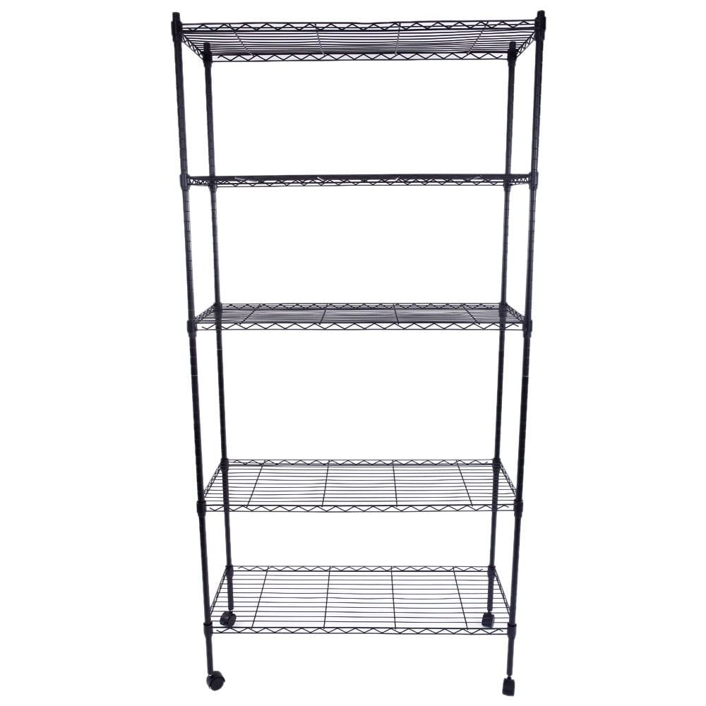 Hommoo 5-Layer Storage Rack Garage Shelves, Chrome Plated Storage Shelf with 1.5 Inches Nylon Wheels - Black Image 1