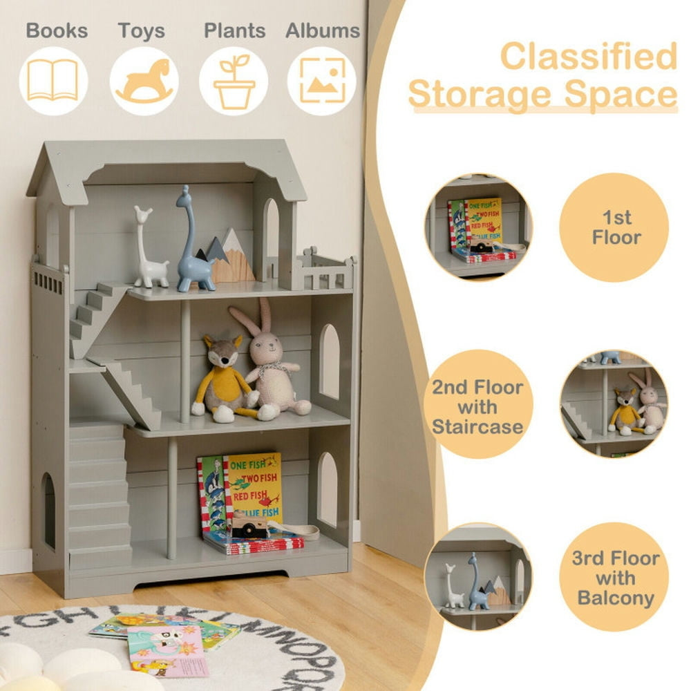 Hommoo Kids Wooden Dollhouse Bookshelf with Anti-Tip Design and Storage Space-Gray, Kids Toy Storage for Kids, Boys, Image 4