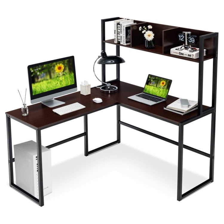 Hommoo Reversible L-Shaped Corner Desk with Storage Bookshelf-Dark Brown, Home Office Desks, Gaming Computer Desks for Image 1