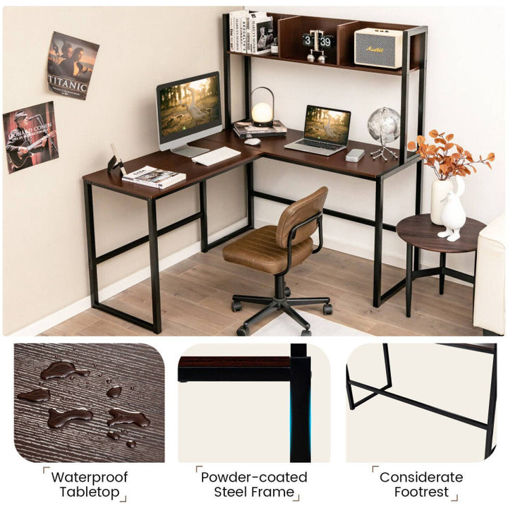 Hommoo Reversible L-Shaped Corner Desk with Storage Bookshelf-Dark Brown, Home Office Desks, Gaming Computer Desks for Image 2