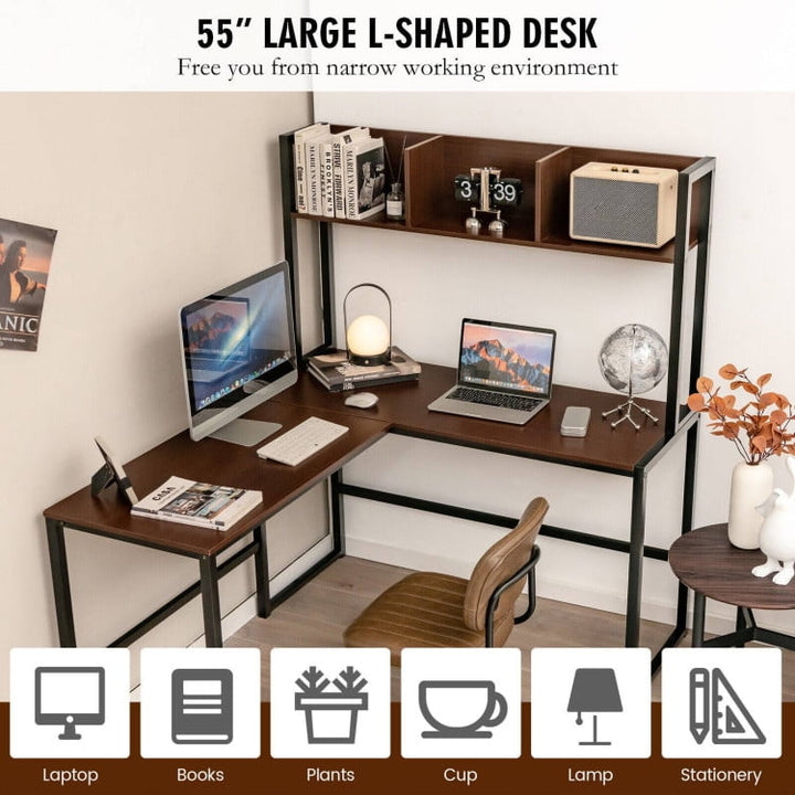 Hommoo Reversible L-Shaped Corner Desk with Storage Bookshelf-Dark Brown, Home Office Desks, Gaming Computer Desks for Image 3