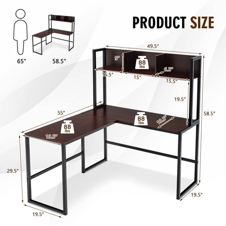 Hommoo Reversible L-Shaped Corner Desk with Storage Bookshelf-Dark Brown, Home Office Desks, Gaming Computer Desks for Image 4