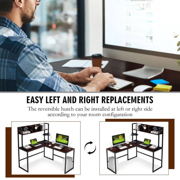 Hommoo Reversible L-Shaped Corner Desk with Storage Bookshelf-Dark Brown, Home Office Desks, Gaming Computer Desks for Image 6