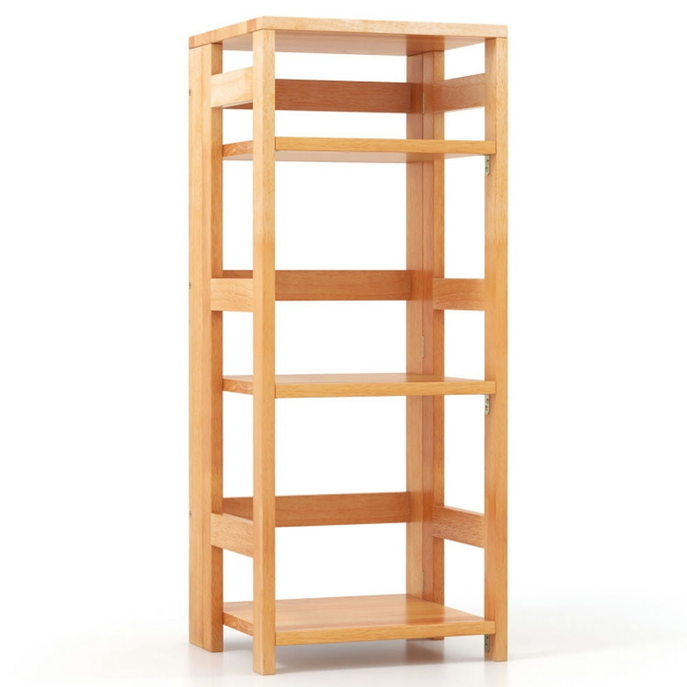 Hommoo Bookshelf, Display Bookshelf, Bookcase,4-Tier Bookshelf Rubber Wood Bookcase with Side Fences for Living Room-14 Image 1