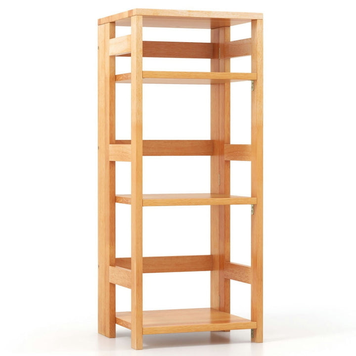 Hommoo Bookshelf, Display Bookshelf, Bookcase,4-Tier Bookshelf Rubber Wood Bookcase with Side Fences for Living Room-14 Image 1