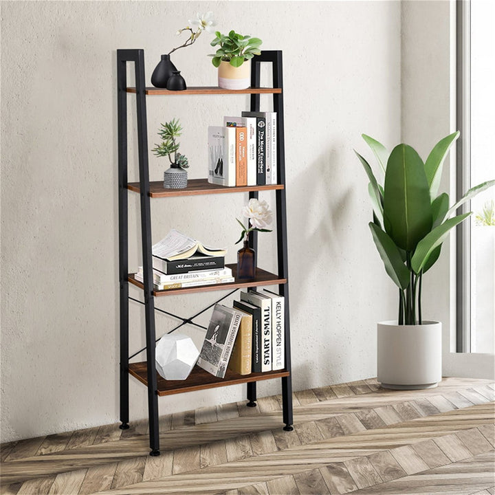 Hommoo Ladder Shelf, Wood Bookcase with Steel Frame, Flower Standing Shelf Units Storage Rack for Home Office Living Image 1