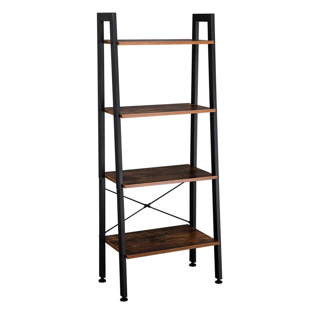 Hommoo Ladder Shelf, Wood Bookcase with Steel Frame, Flower Standing Shelf Units Storage Rack for Home Office Living Image 3