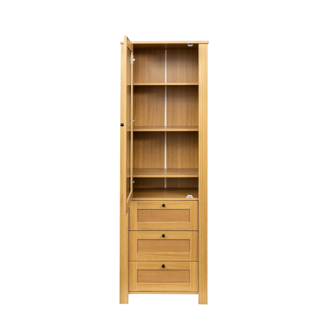 Hommoo Tall Slant-Back Bookcase, Rattan Door Bookshelf Display Case with Drawer Finish Open Storage Shelves Bookcase Image 4