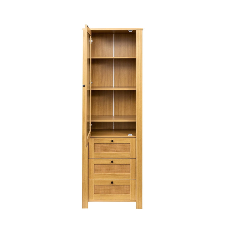 Hommoo Tall Slant-Back Bookcase, Rattan Door Bookshelf Display Case with Drawer Finish Open Storage Shelves Bookcase Image 4