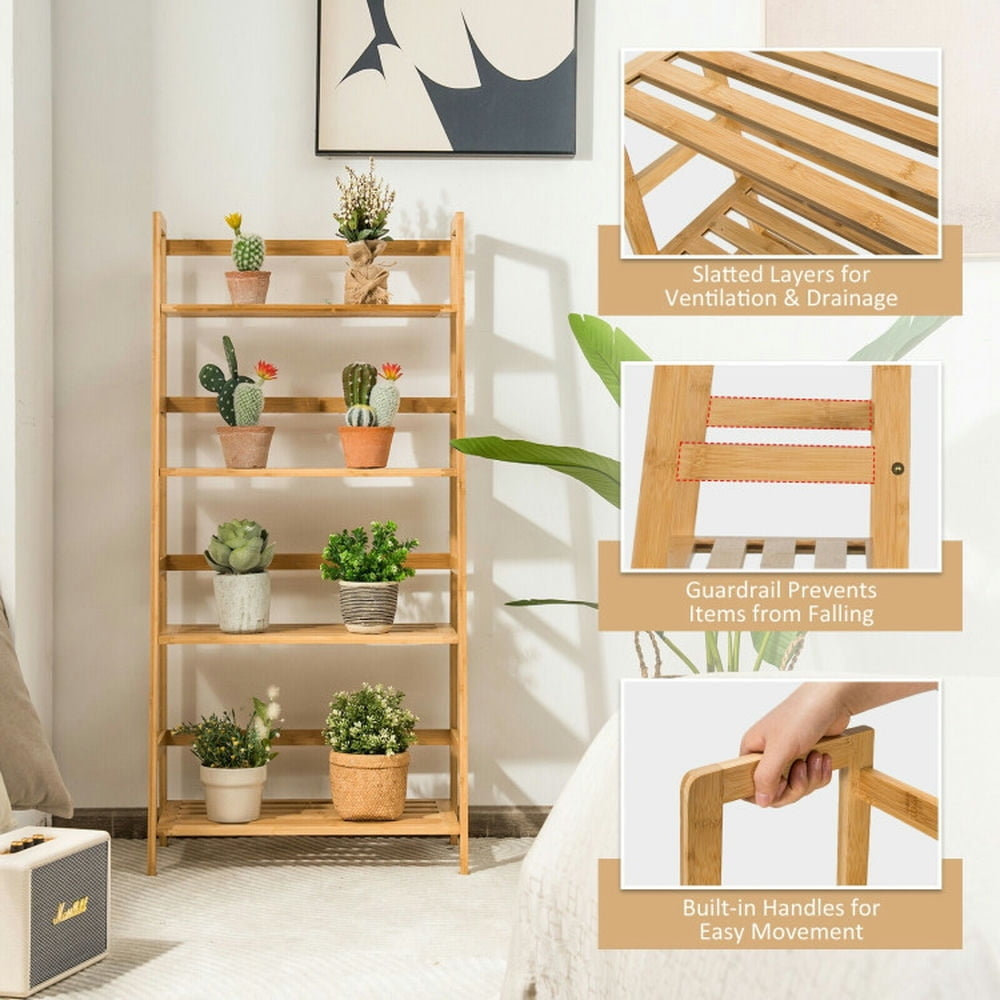 Hommoo Bookshelf,Shelf, Open Bookcase Book Shelf, 4-Tier Bamboo Bookshelf Ladder Shelf Plant Stand Rack-Natural Image 2