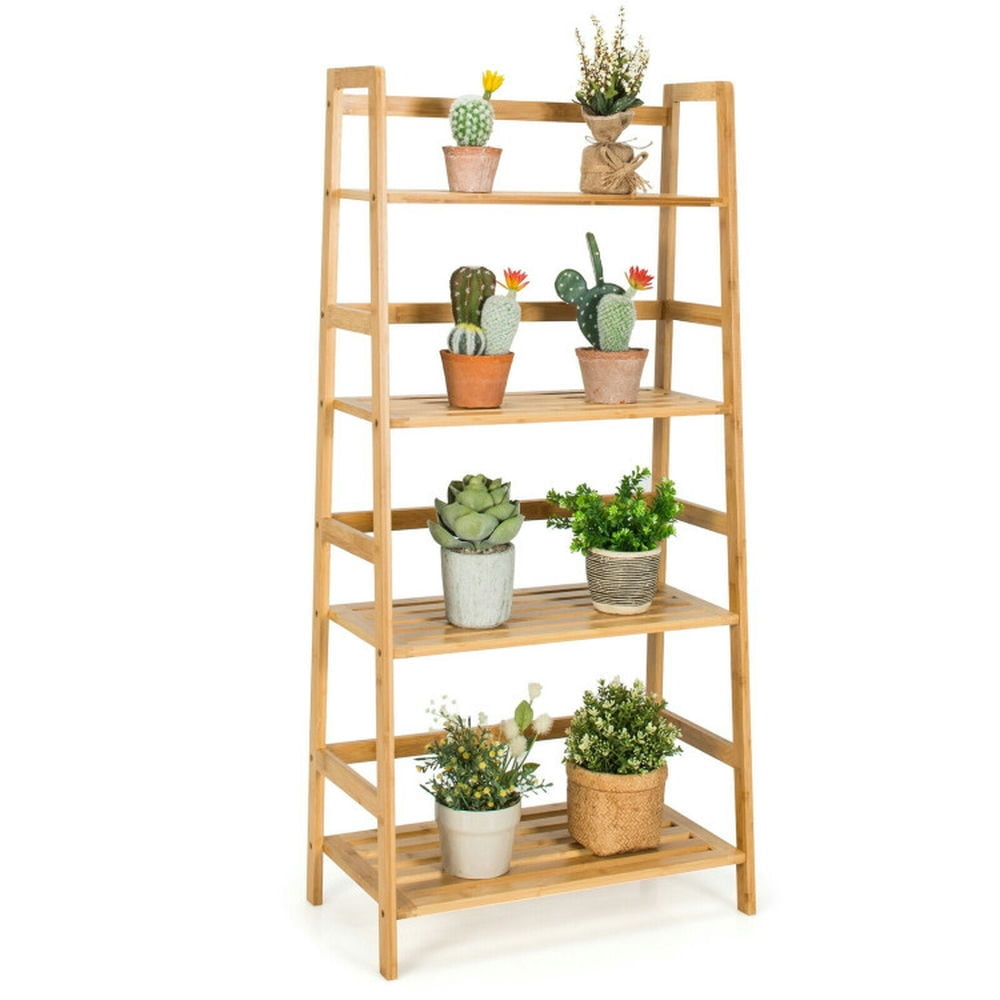 Hommoo Bookshelf,Shelf, Open Bookcase Book Shelf, 4-Tier Bamboo Bookshelf Ladder Shelf Plant Stand Rack-Natural Image 3