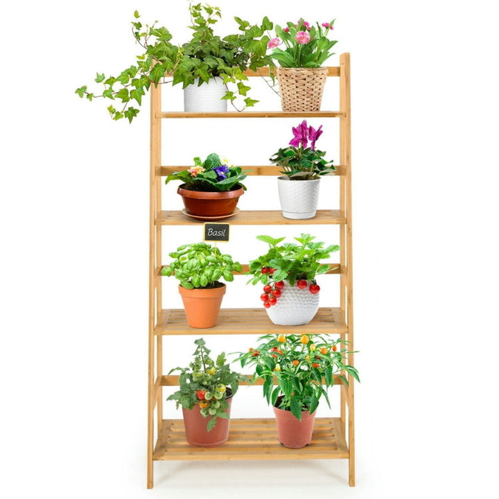 Hommoo Bookshelf,Shelf, Open Bookcase Book Shelf, 4-Tier Bamboo Bookshelf Ladder Shelf Plant Stand Rack-Natural Image 6