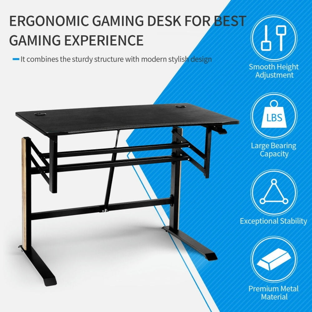 Hommoo Pneumatic Height Adjustable Gaming Desk T Shaped Game Station with Power Strip Tray-Black Image 2