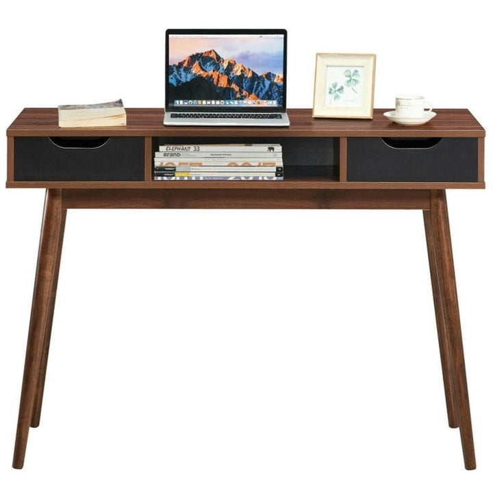 Hommoo Stylish Computer Desk Workstation with 2 Drawers and Solid Wood Legs-Walnut, Gaming Computer Desks for Image 1