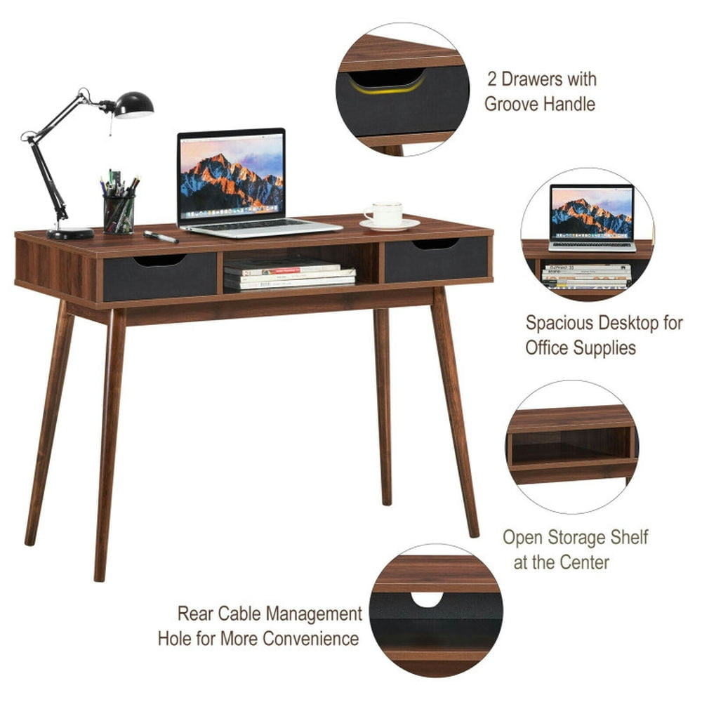 Hommoo Stylish Computer Desk Workstation with 2 Drawers and Solid Wood Legs-Walnut, Gaming Computer Desks for Image 2