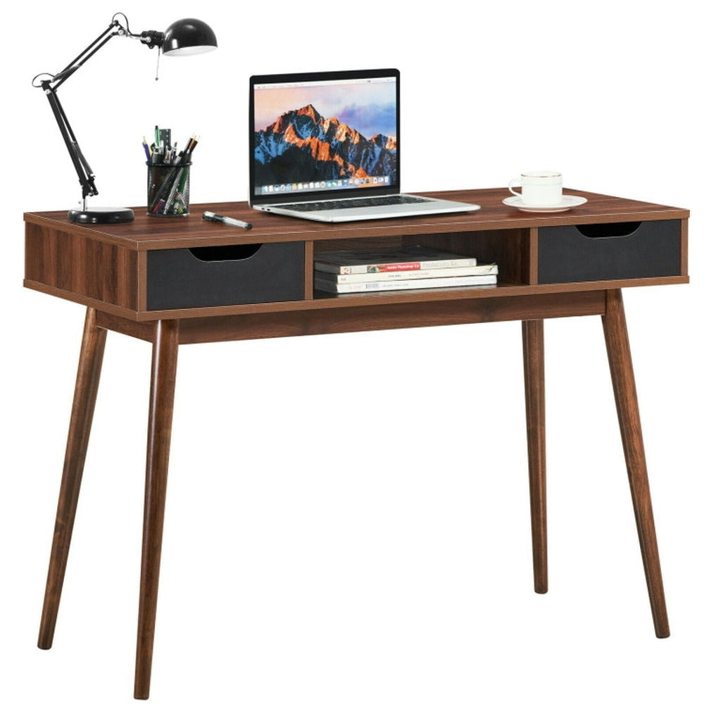 Hommoo Stylish Computer Desk Workstation with 2 Drawers and Solid Wood Legs-Walnut, Gaming Computer Desks for Image 5