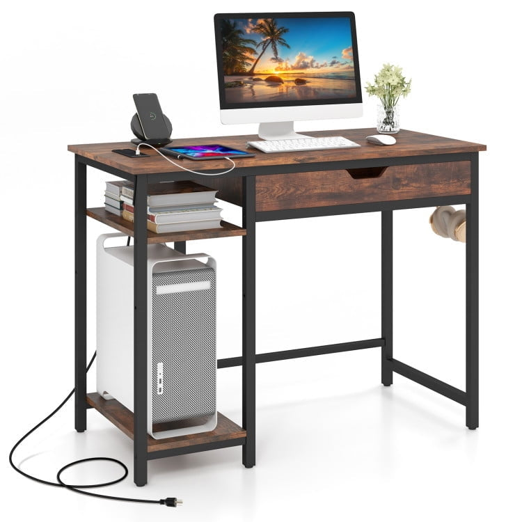 Hommoo Computer Desk with Charging Station and Drawer and Adjustable Shelf-Rustic Brown, Gaming Computer Desks for Image 1