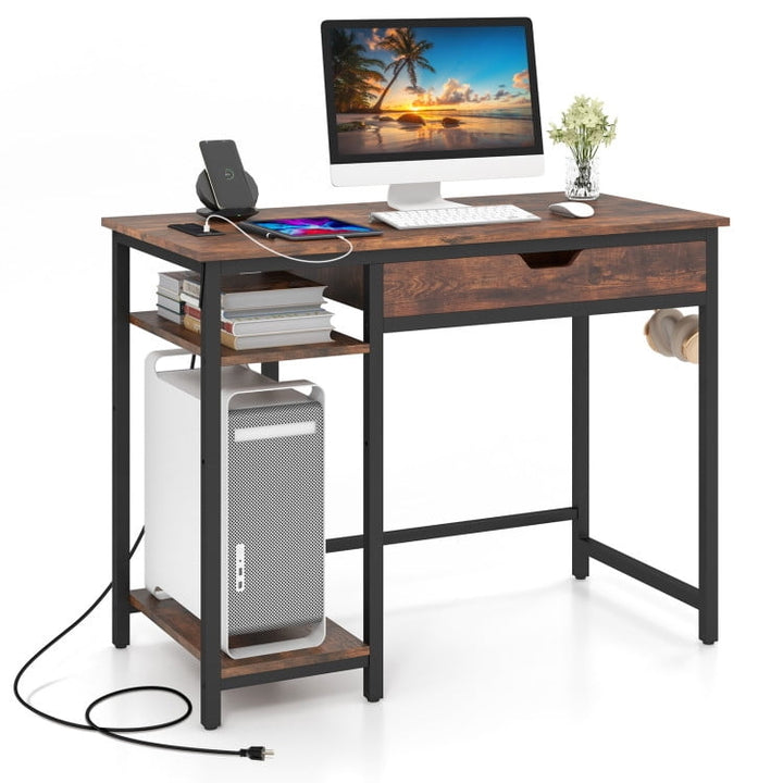 Hommoo Computer Desk with Charging Station and Drawer and Adjustable Shelf-Rustic Brown, Gaming Computer Desks for Image 1