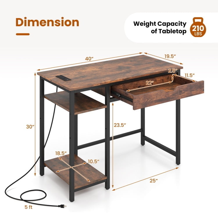 Hommoo Computer Desk with Charging Station and Drawer and Adjustable Shelf-Rustic Brown, Gaming Computer Desks for Image 4