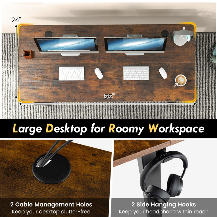 Hommoo 55 x 24 Inches Sit Stand Home Office Desk with 3 Memory Height Settings-Rustic Brown, Gaming Computer Desks for Image 2