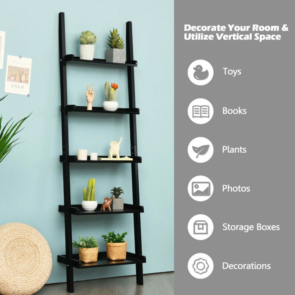 Hommoo Bookshelf,Shelf, Open Bookcase Book Shelf, 5-Tier Wall-leaning Ladder Shelf Display Rack for Plants and Image 3