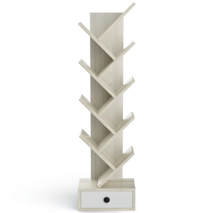 Hommoo Bookshelf,Shelf, Open Bookcase Book Shelf, 10-Tier Tree Bookshelf with Drawer and Anti-Tipping Kit-Beige Image 1