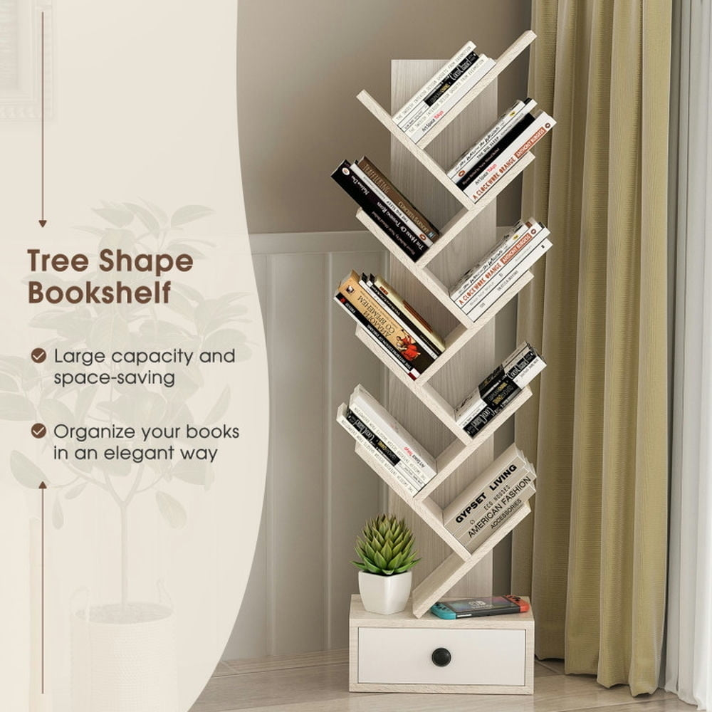 Hommoo Bookshelf,Shelf, Open Bookcase Book Shelf, 10-Tier Tree Bookshelf with Drawer and Anti-Tipping Kit-Beige Image 2