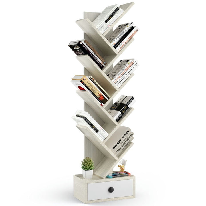 Hommoo Bookshelf,Shelf, Open Bookcase Book Shelf, 10-Tier Tree Bookshelf with Drawer and Anti-Tipping Kit-Beige Image 3