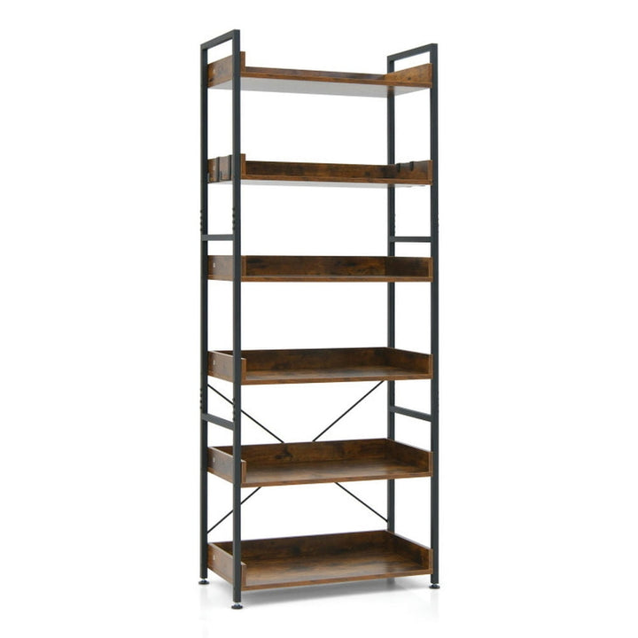 Hommoo Bookshelf,Shelf, Open Bookcase Book Shelf, 6-Tier Tall Industrial Bookcase with Open Shelves and 4 Hooks-Brown Image 1