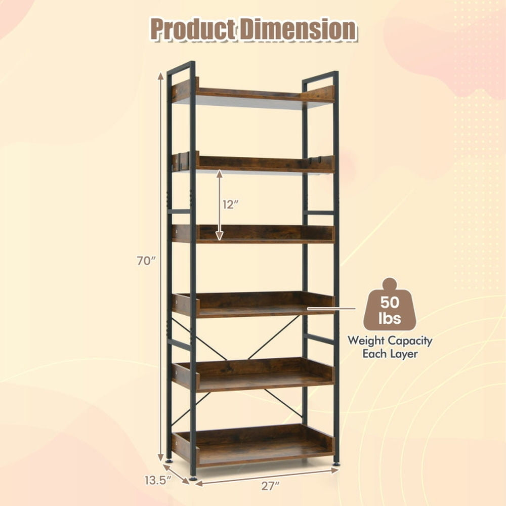 Hommoo Bookshelf,Shelf, Open Bookcase Book Shelf, 6-Tier Tall Industrial Bookcase with Open Shelves and 4 Hooks-Brown Image 2