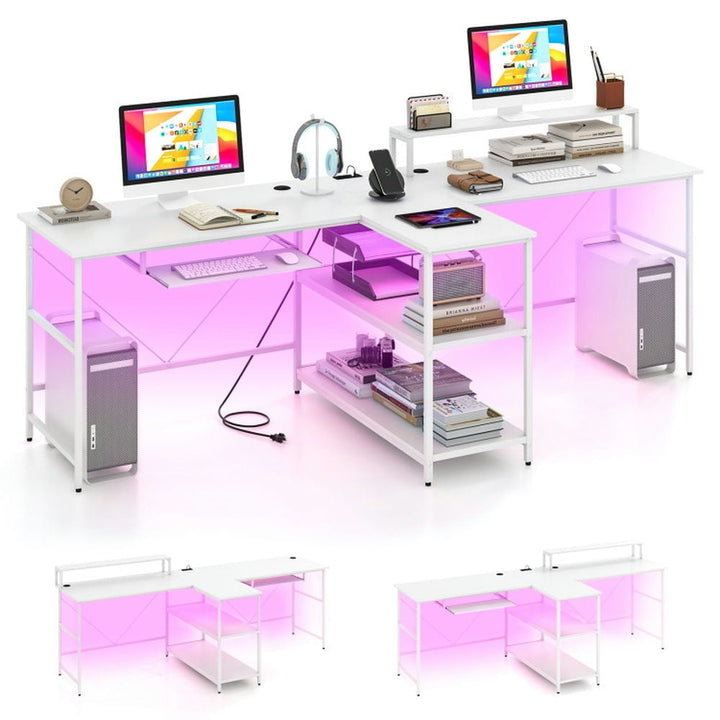 Hommoo Gaming Computer Desk,2-Person Reversible Computer Desk Long Office Desk with LED Lights-White Image 1