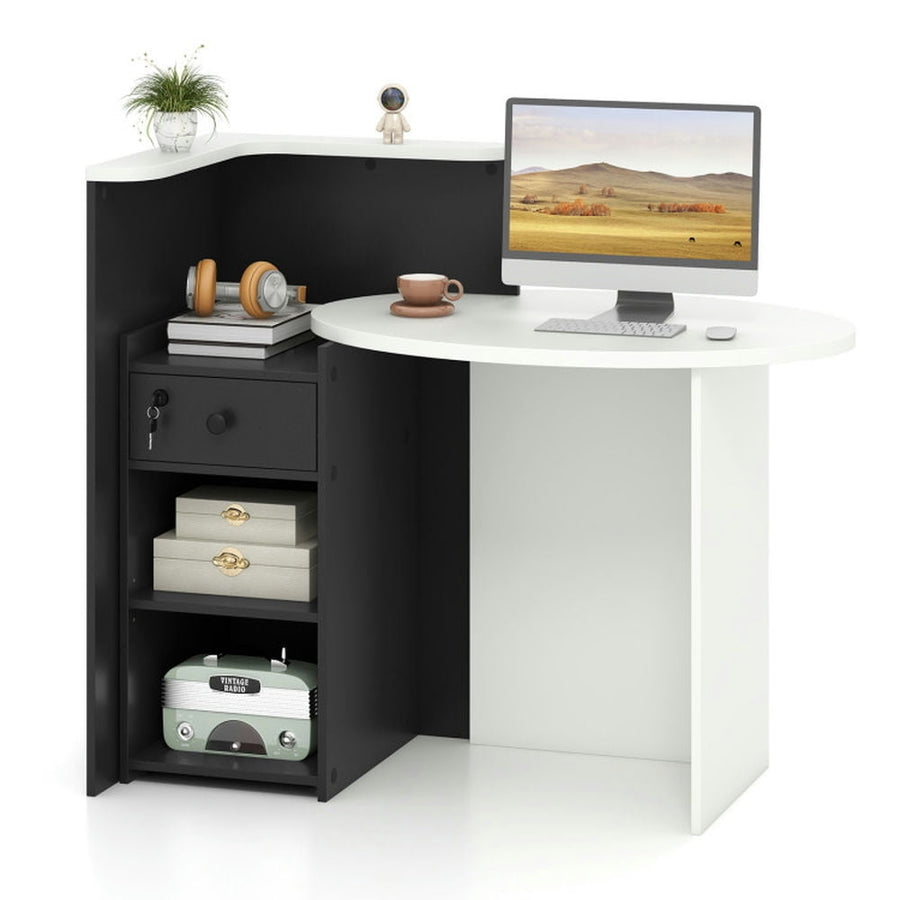 Hommoo Front Desk Reception Counter,Reception Office Desk with Open Shelf and Lockable Drawer-Black Image 1