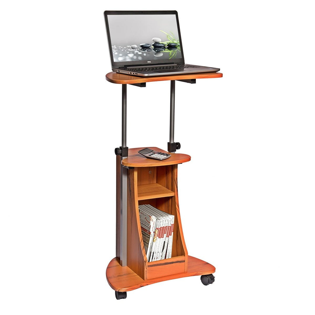 Hommoo Modern Sit-to-Stand Rolling Adjustable Laptop Cart with Storage Shelf - Wood Grain Image 1