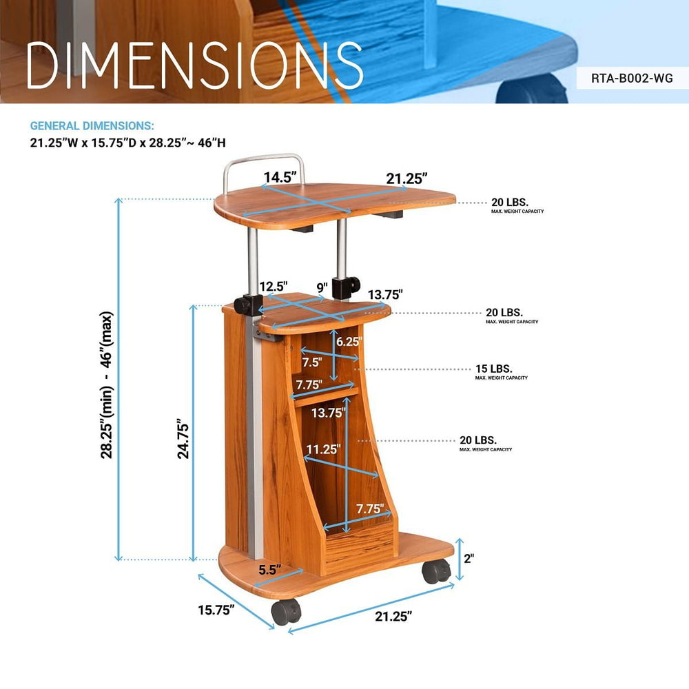 Hommoo Modern Sit-to-Stand Rolling Adjustable Laptop Cart with Storage Shelf - Wood Grain Image 2