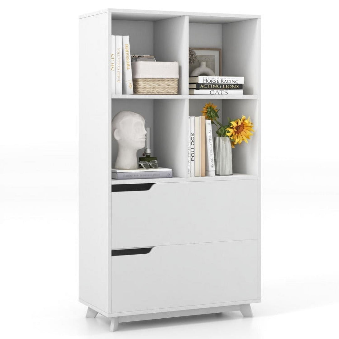 Hommoo Bookshelf,Shelf, Open Bookcase Book Shelf, 4-Tier Open Bookcase with 2 Drawers and 4 Storage Cubes-White Image 1