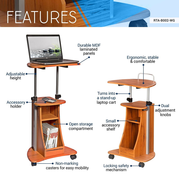 Hommoo Modern Sit-to-Stand Rolling Adjustable Laptop Cart with Storage Shelf - Wood Grain Image 6