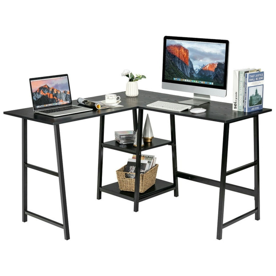 Hommoo L Shaped Corner Computer Desk with Storage Shelves-Black, Home Office Desks, Gaming Computer Desks for Image 1