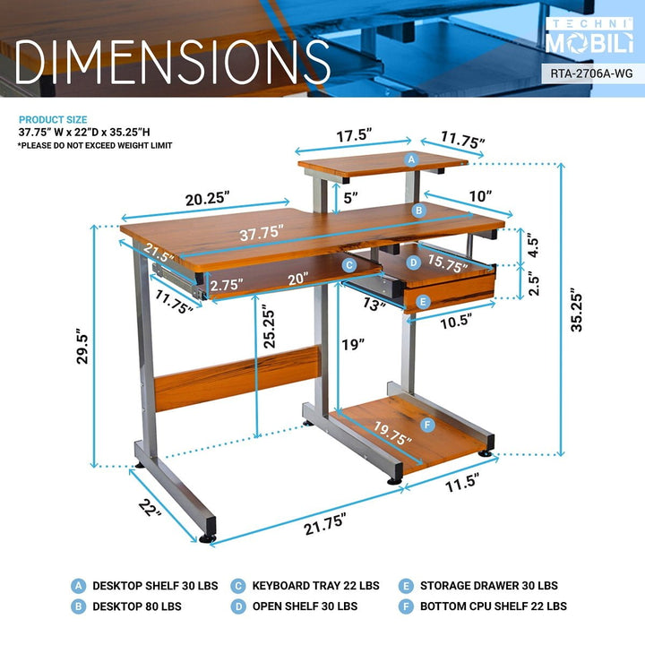 Hommoo Home Office Computer Desk with Printer Shelf and Keyboard Tray - Wood Grain Image 3