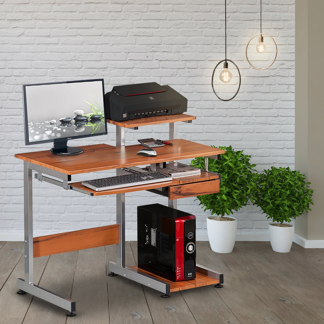 Hommoo Home Office Computer Desk with Printer Shelf and Keyboard Tray - Wood Grain Image 4