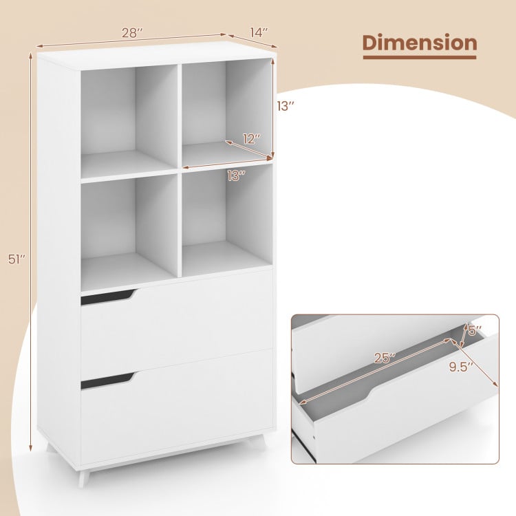 Hommoo Bookshelf,Shelf, Open Bookcase Book Shelf, 4-Tier Open Bookcase with 2 Drawers and 4 Storage Cubes-White Image 2