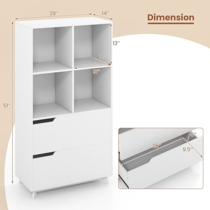 Hommoo Bookshelf,Shelf, Open Bookcase Book Shelf, 4-Tier Open Bookcase with 2 Drawers and 4 Storage Cubes-White Image 2